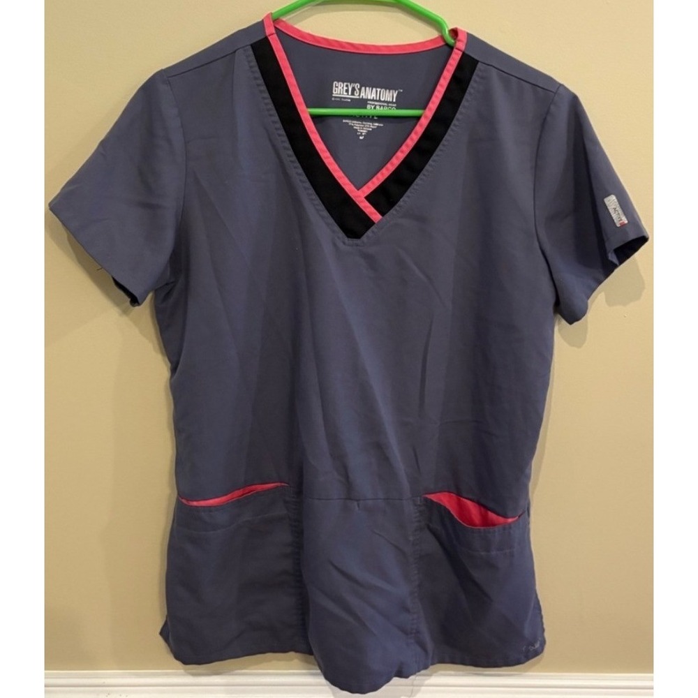 Grey's Anatomy Scrub Top Women's Medium Gray Pink V-Neck Stretch Medical Uniform